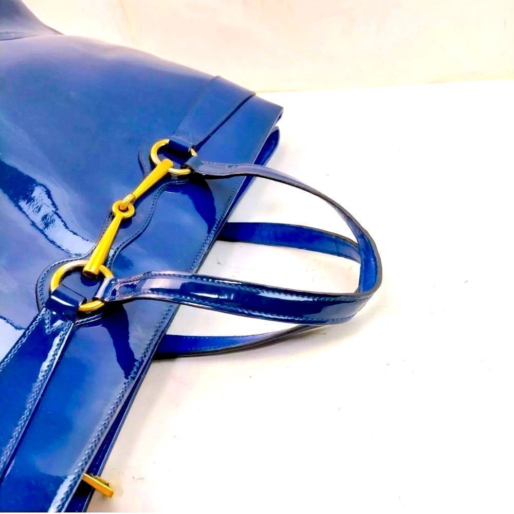Auth Gucci Medium Bright Bit Blue Patent Leather Tote Bag Horsebit Enamel Purse - Picture 5 of 8